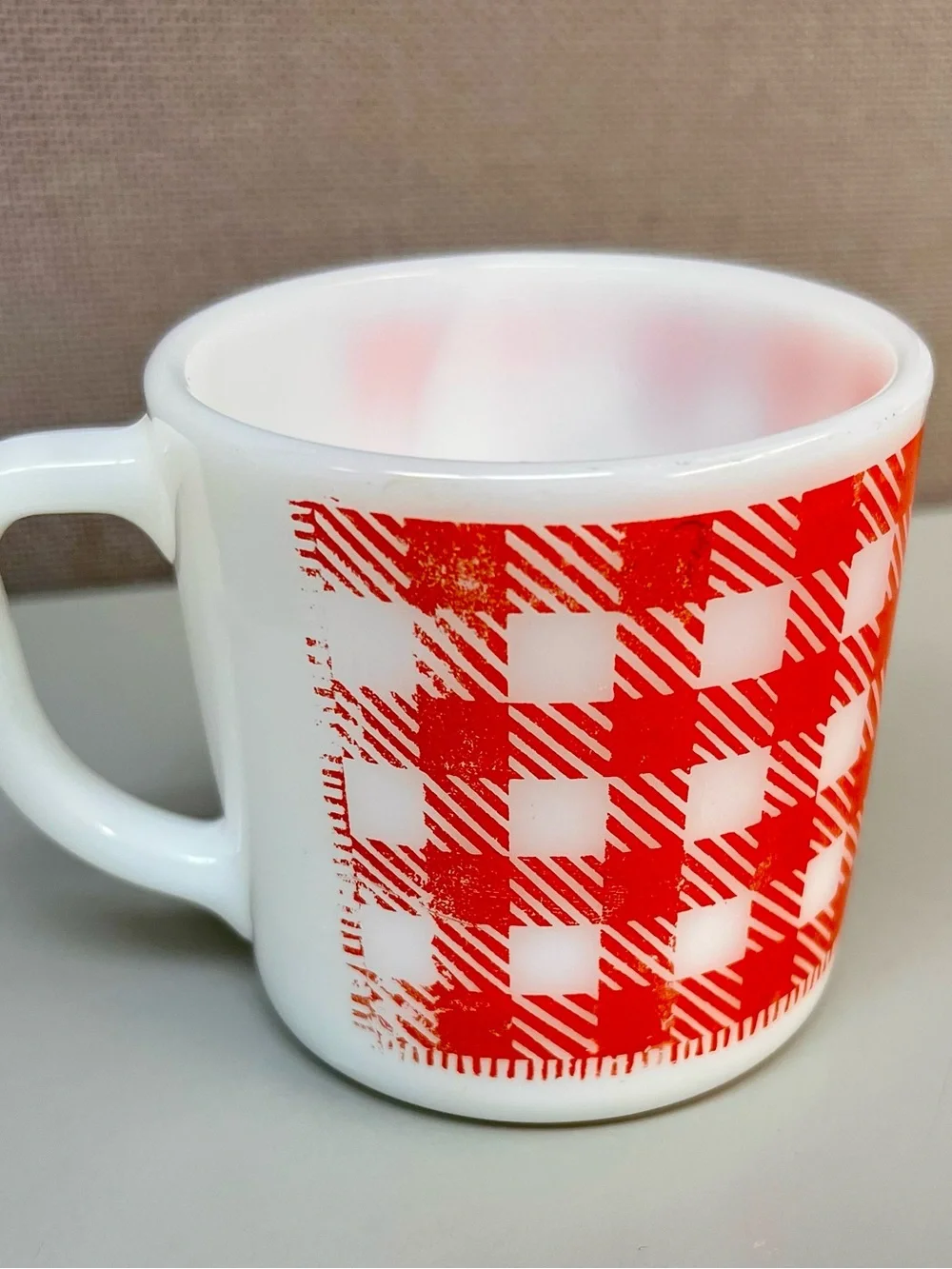 Personalized Vintage Westfield White Milk Glass Mug with Red Gingham and 